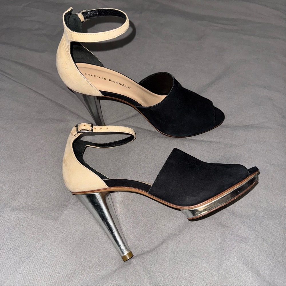 Loeffler Randall Black Tan Leather Suede METAL Heels Sandals Shoes 8.5